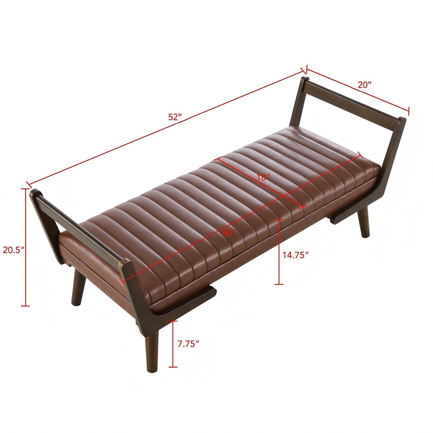 Mid-Century Bench With Wood Legs, brown tufted leather upholstery, dark wood frame on Tampa Home & Garden Store