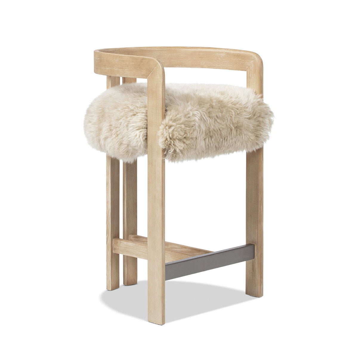 Low back counter stool with light beige sheepskin seat on natural wood frame 24–27in height on Tampa Home & Garden Store