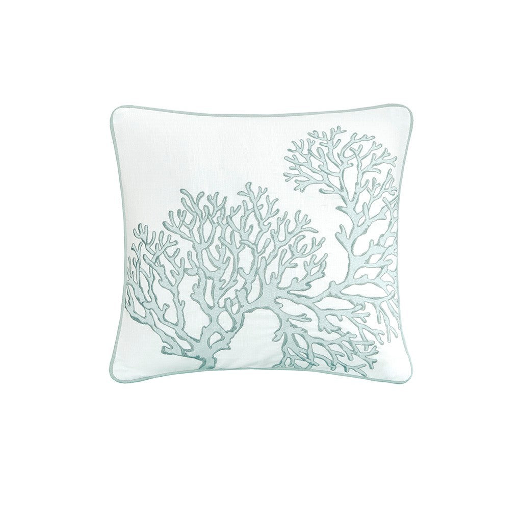 Cotton throw pillow with aqua coral embroidery and pale aqua piping by HouseOfZazla on Tampa Home & Garden Store