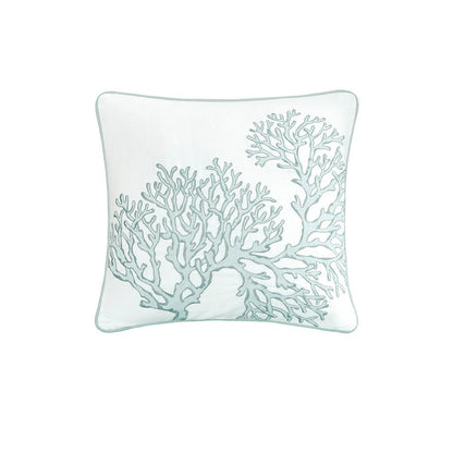 Cotton throw pillow with aqua coral embroidery and pale aqua piping by HouseOfZazla on Tampa Home & Garden Store