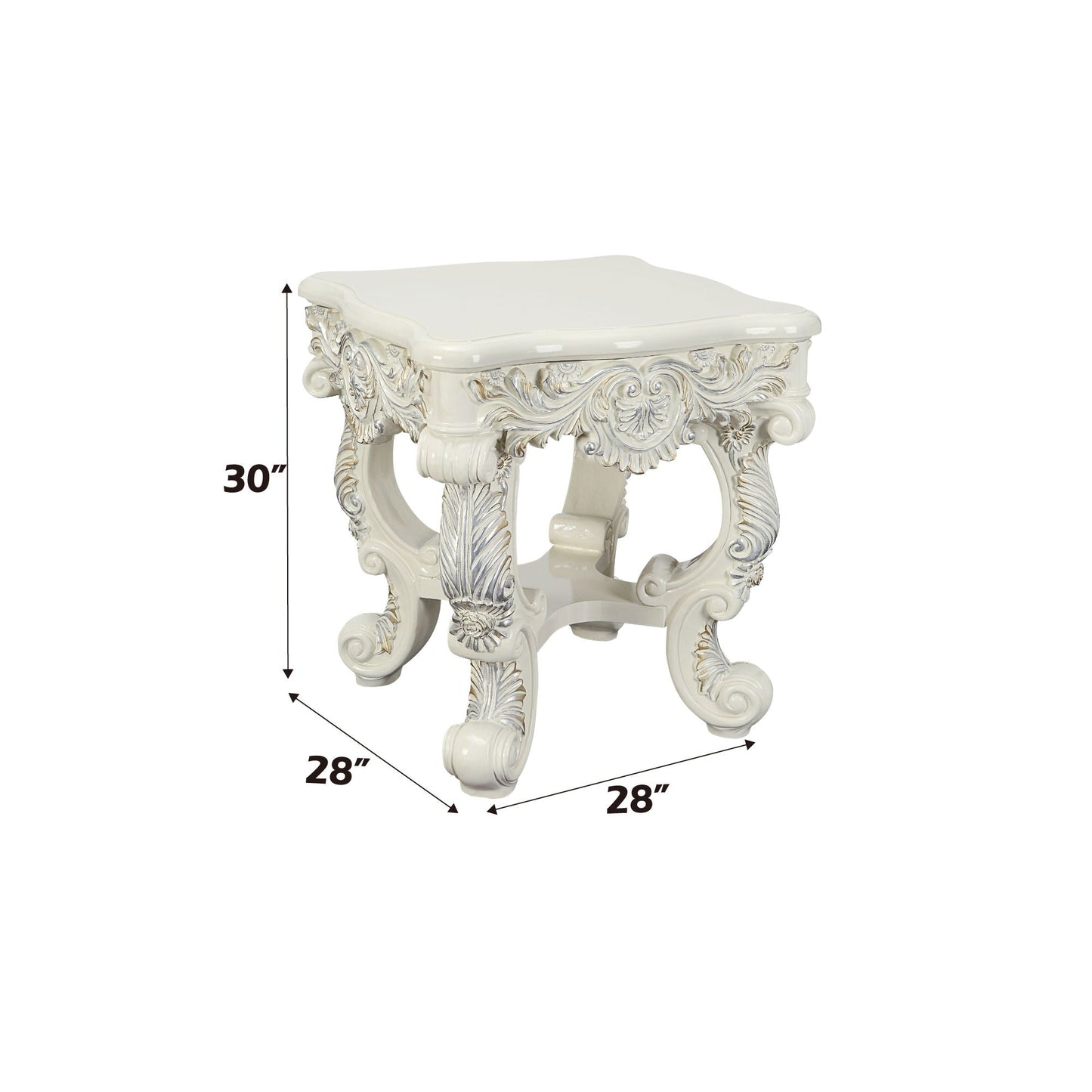 Adara Elegant White Coffee Table by HouseOfZazla, ornate carved white finish with scrollwork, 28in square on Tampa Home & Garden Store