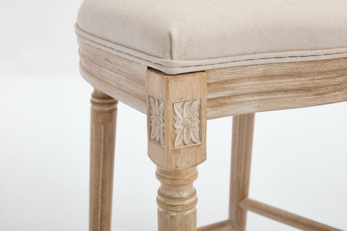 French Country 26in Bar Chair set of 2 beige upholstered seats with carved floral wood legs on Tampa Home & Garden Store