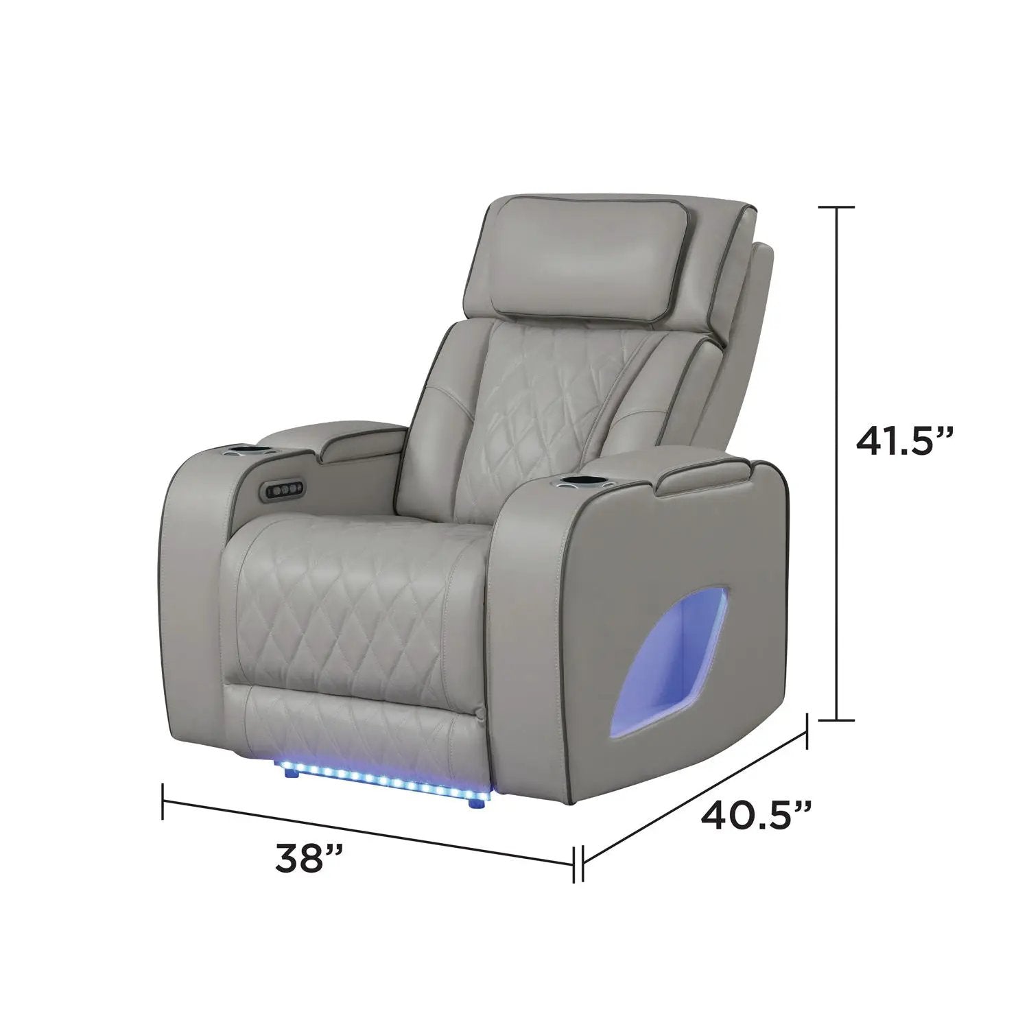 Fortuner power reclining chair gray quilted upholstery with cup holders and LED lights on Tampa Home & Garden Store