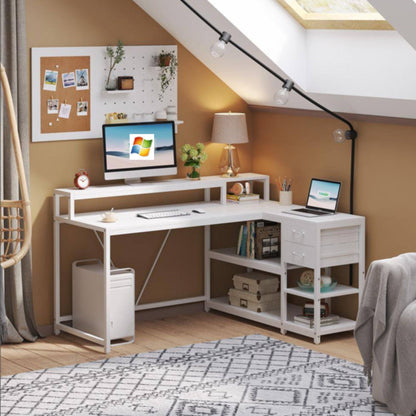 L-Shaped home office desk, white with monitor riser, drawers and storage shelves by HouseOfZazla on Tampa Home & Garden Store