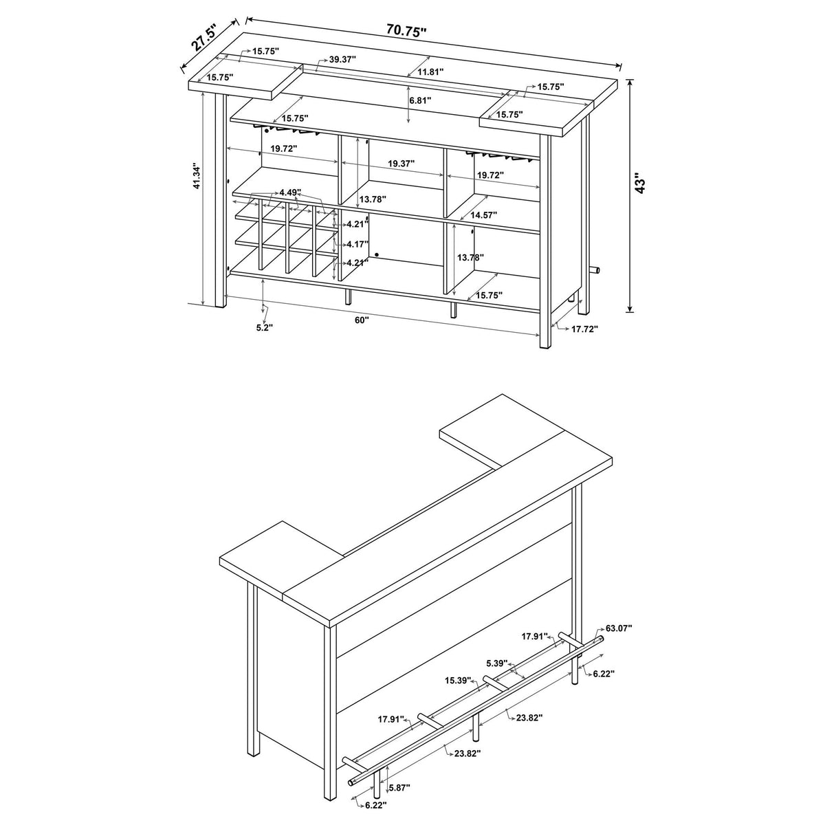 Lampton Freestanding Home Bar Oak with open shelves and wine racks blueprint on Tampa Home & Garden Store