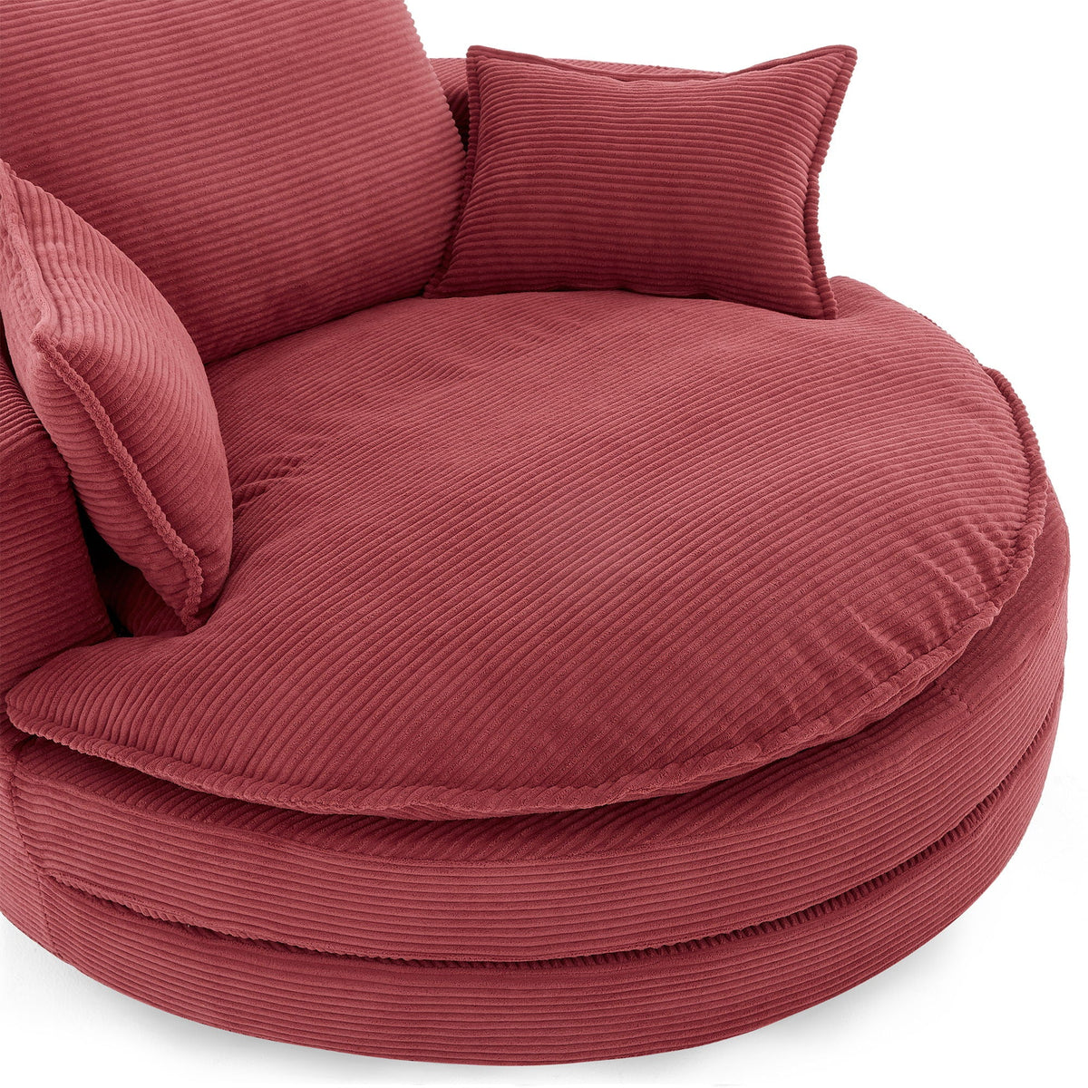 Swivel barrel chair with red corduroy cushions and pillows on Tampa Home & Garden Store