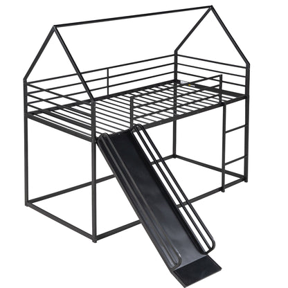 Twin over twin house bunk bed frame in black metal with ladder and slide on Tampa Home & Garden Store