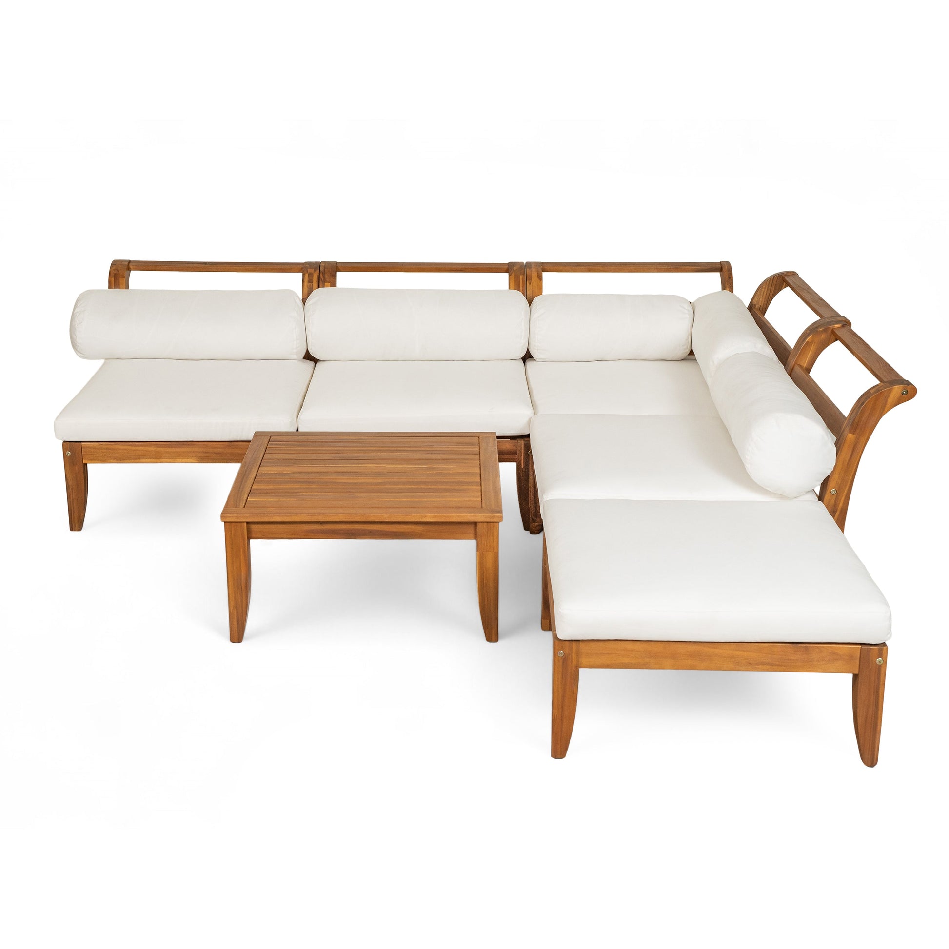 6-piece acacia wood outdoor modular sectional with daybed and tea table, white cushions, HouseOfZazla on Tampa Home & Garden Store