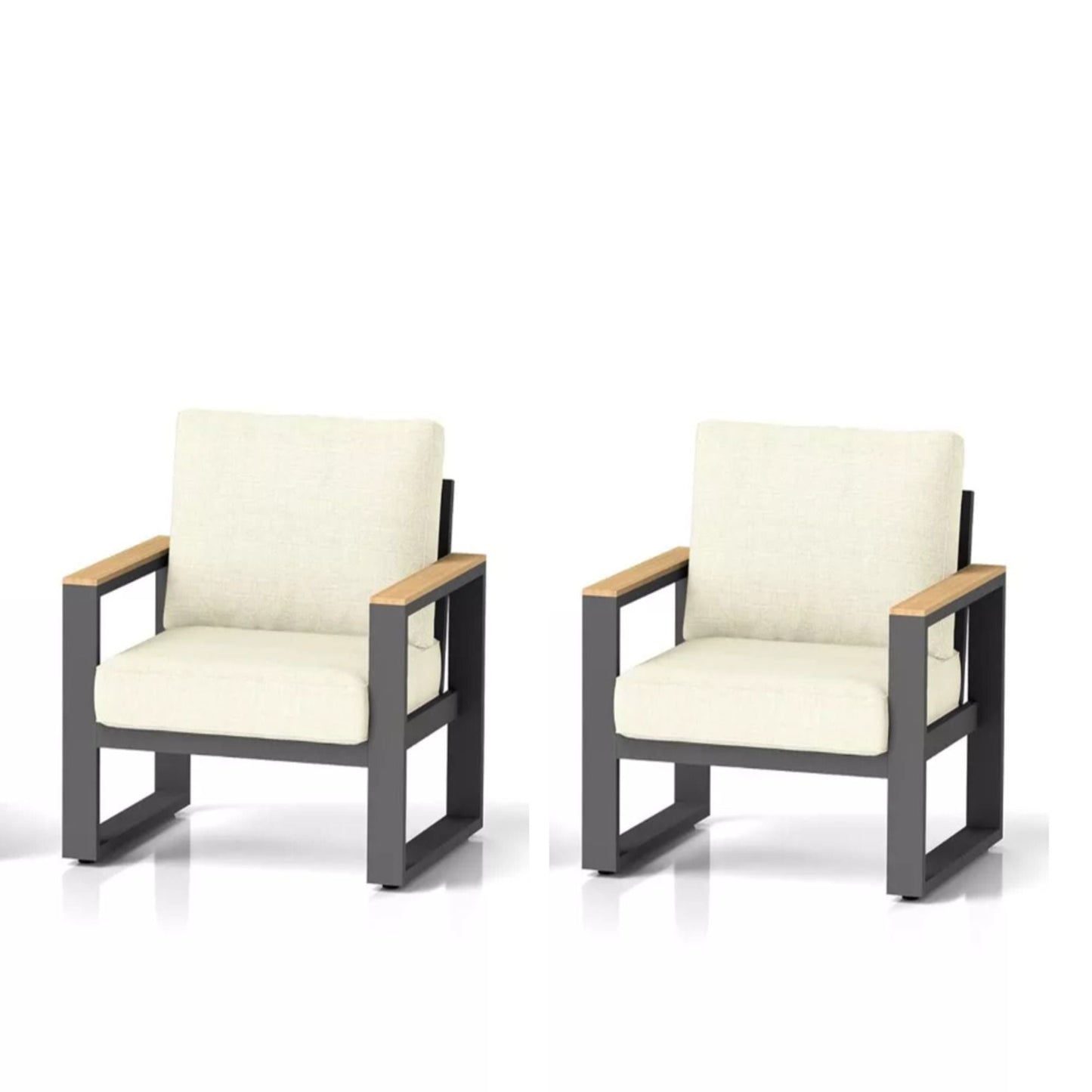 All-Weather Patio Armchairs Set of 2 cream cushions on dark metal frames with wood armrests on Tampa Home & Garden Store