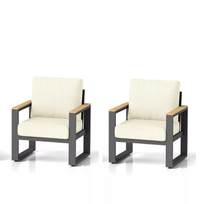All-Weather Patio Armchairs Set of 2 cream cushions on dark metal frames with wood armrests on Tampa Home & Garden Store