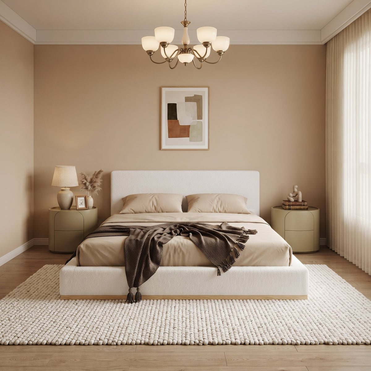Elegant upholstered bed by HouseOfZazla in beige fabric with nightstands and chandelier on Tampa Home & Garden Store