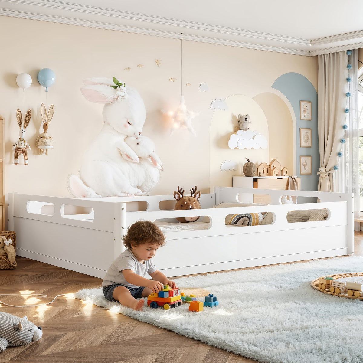 Queen size floor platform bed with full-length guardrails in white for a kids bedroom on Tampa Home & Garden Store