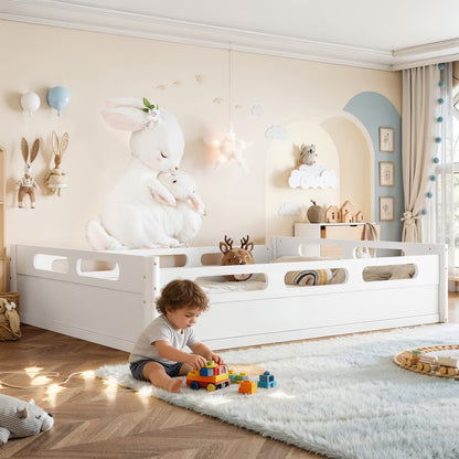 Queen size floor platform bed with full-length guardrails in white for a kids bedroom on Tampa Home & Garden Store