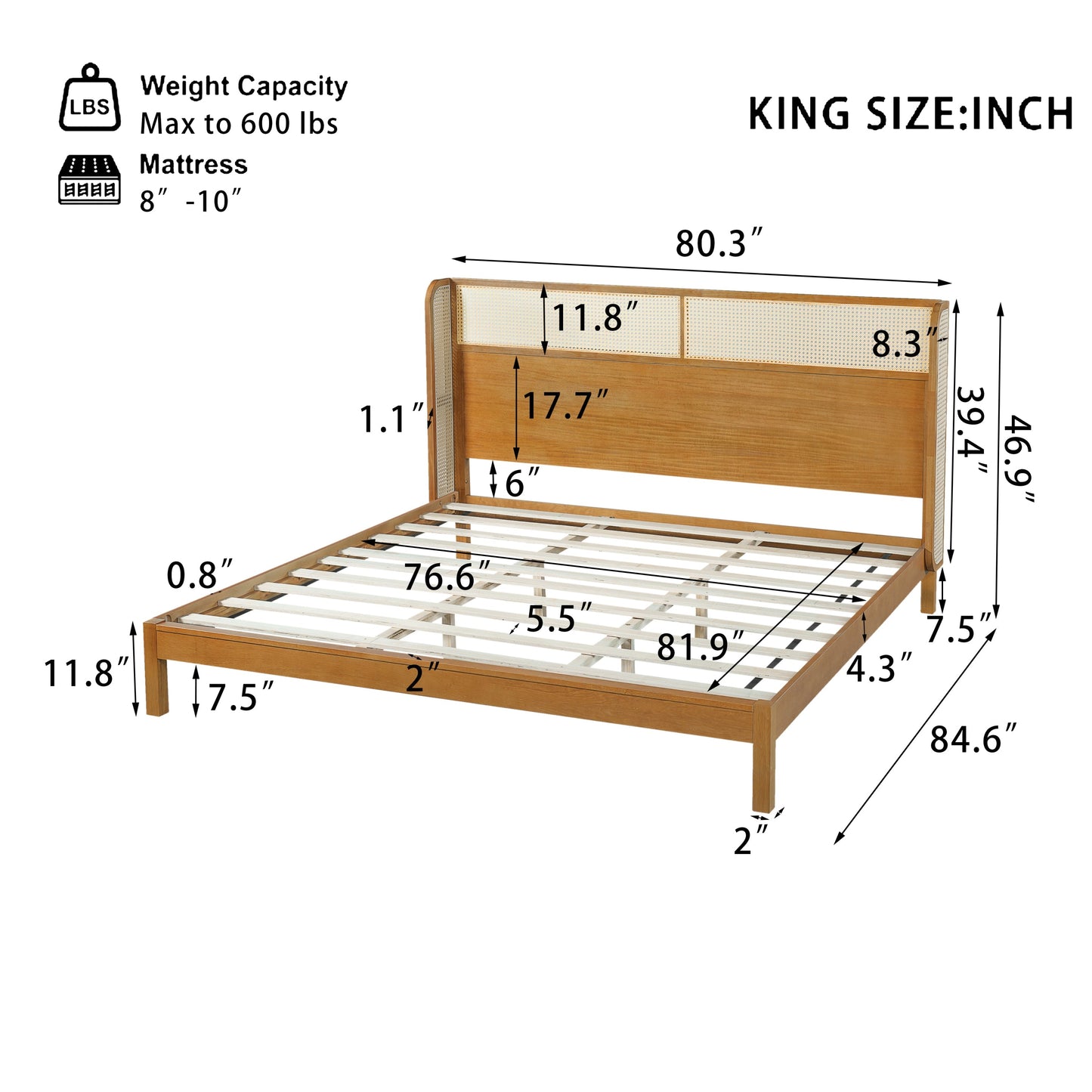 Mid Century Rubber Wood Platform Bed Frame