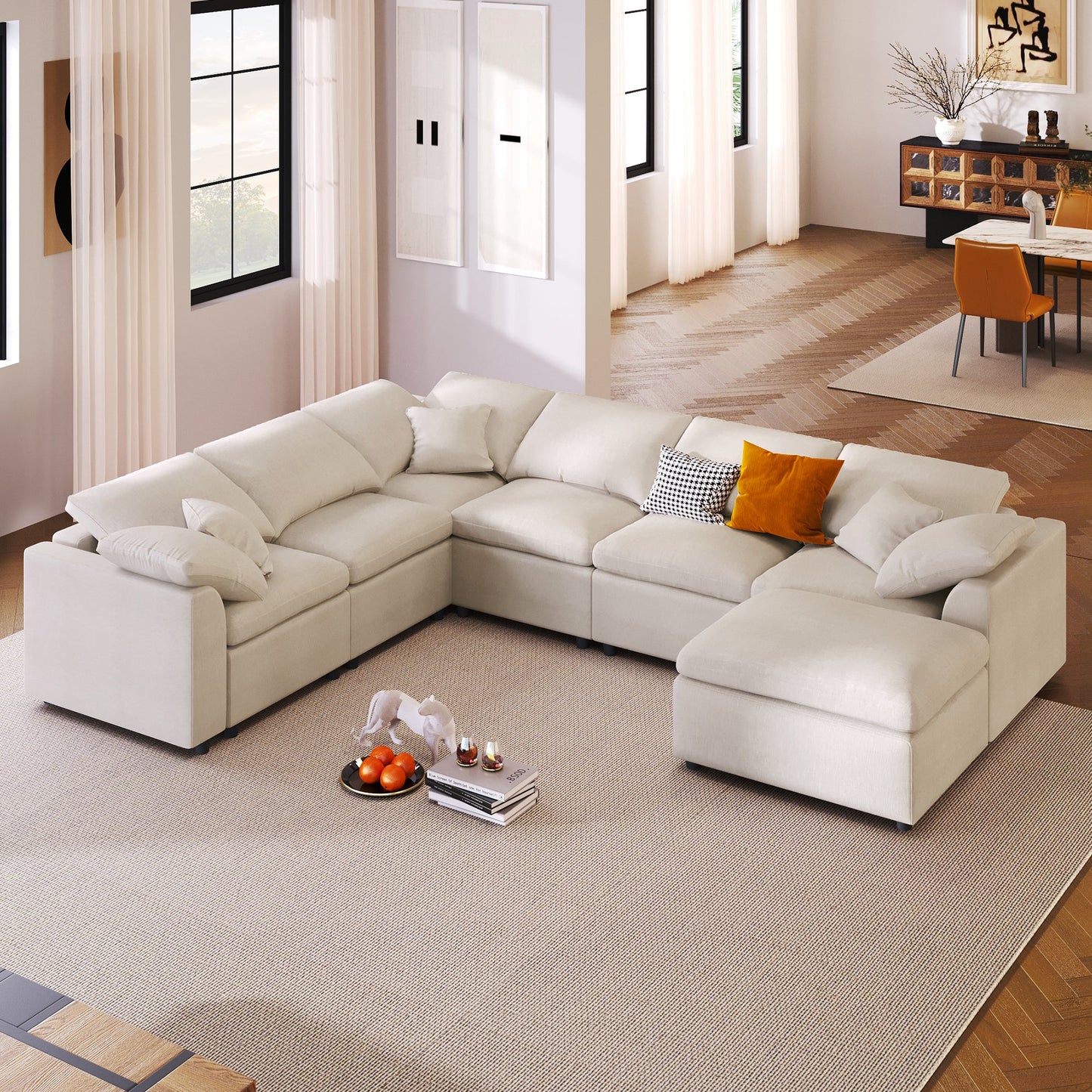 U_Style 120.8-inch extra large 7-seater modular sectional sofa in beige fabric on Tampa Home & Garden Store