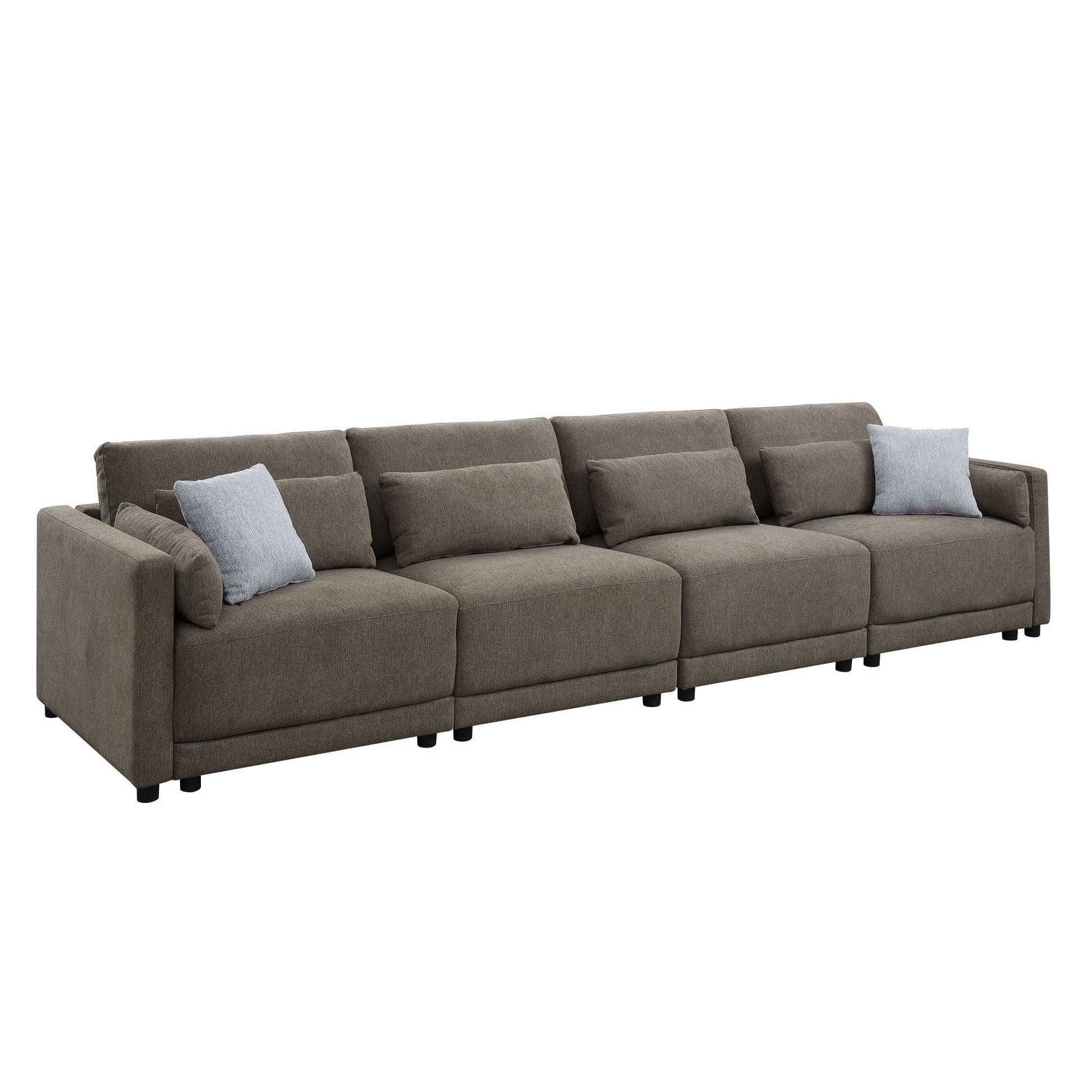 Rylie Modular Sectional Sofa in brown fabric with light gray toss pillows on Tampa Home & Garden Store