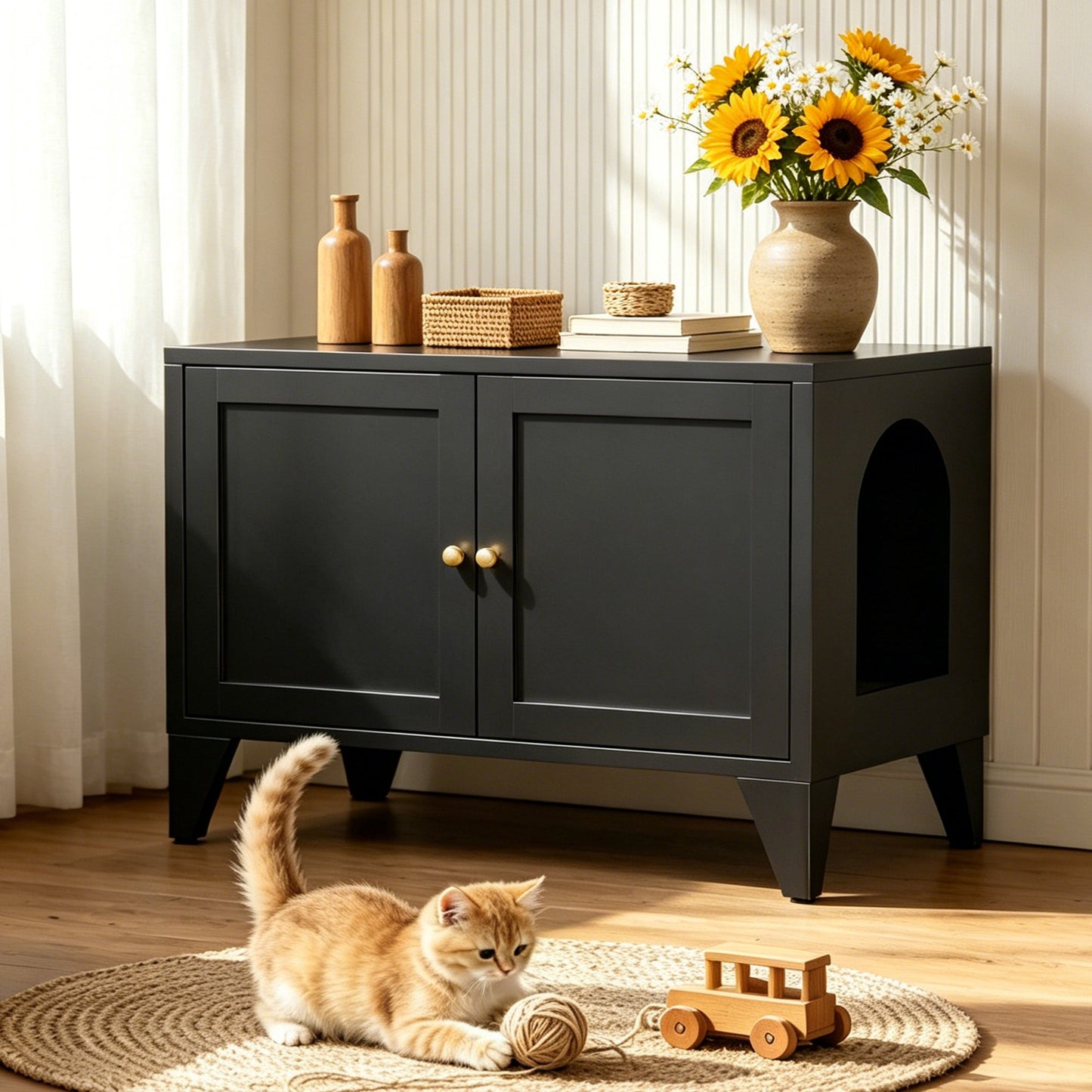 Dark gray metal cat litter box enclosure in a cabinet-style stand with circular entry on Tampa Home & Garden Store
