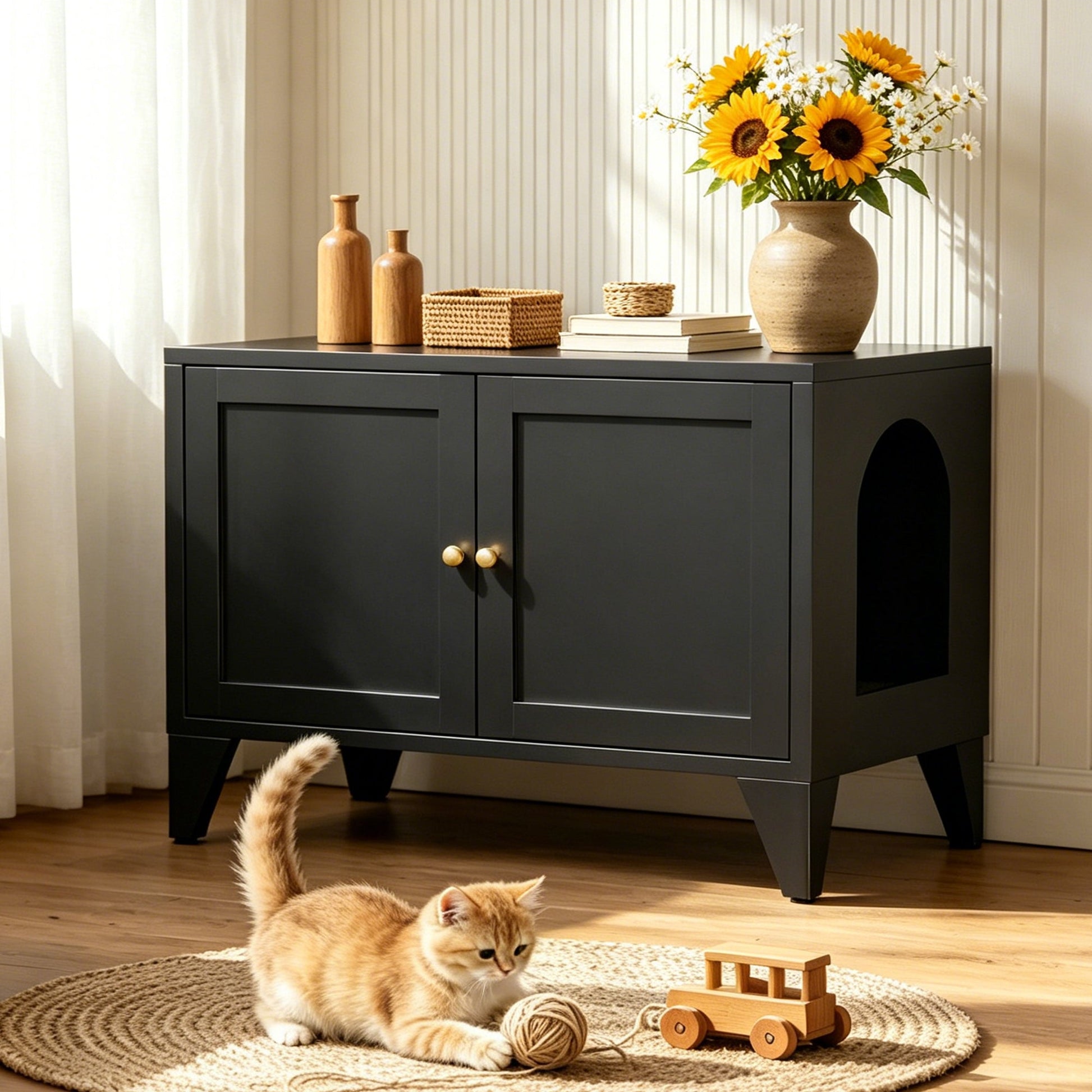Dark gray metal cat litter box enclosure in a cabinet-style stand with circular entry on Tampa Home & Garden Store