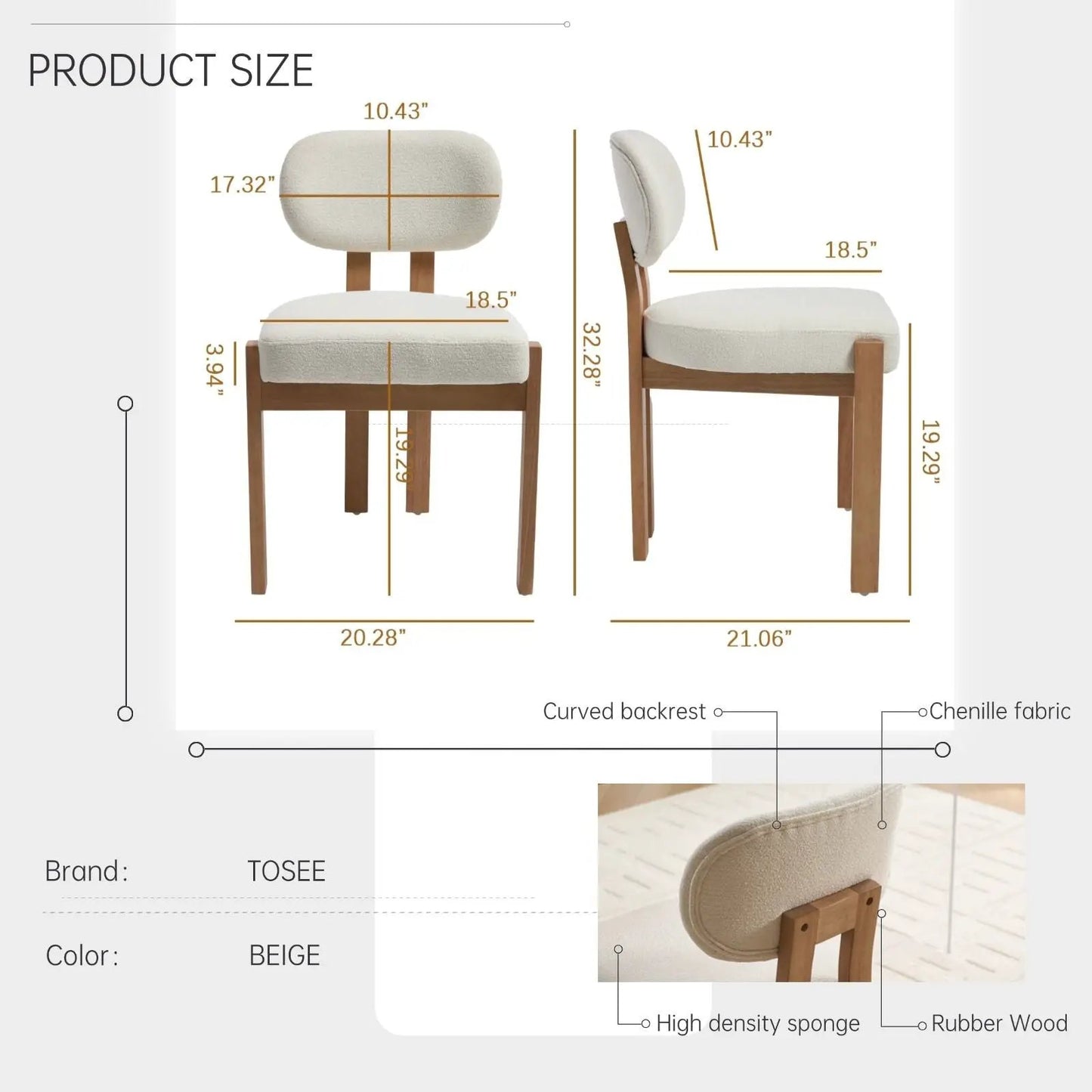 Dining chairs set of 2 with ergonomic backrests, beige chenille fabric and wood legs by TOSEE on Tampa Home & Garden Store