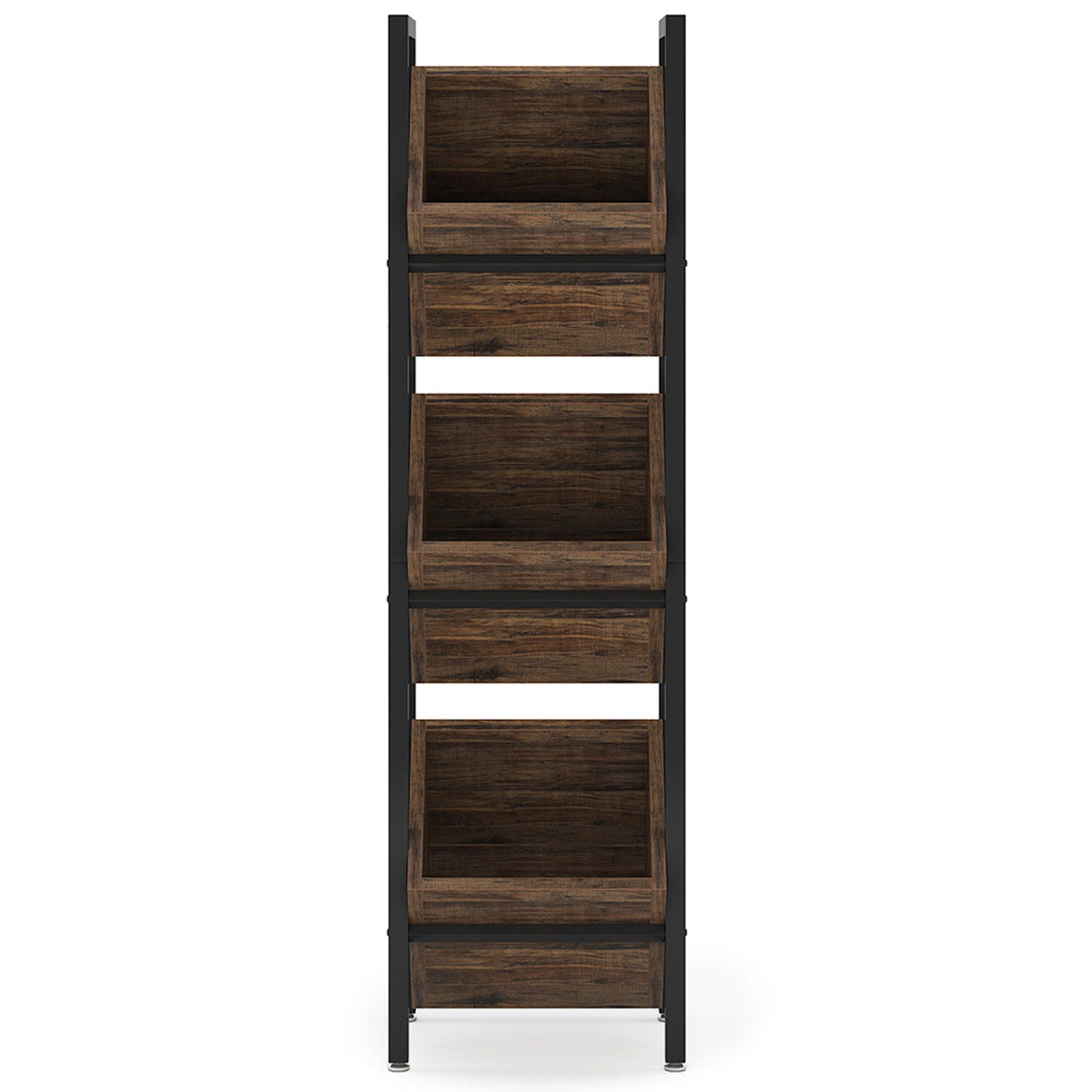 3 Tier Basket Stand with Angled Baskets by HouseOfZazla, black frame with wood baskets on Tampa Home & Garden Store