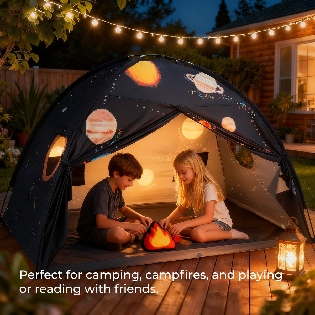 Tiny Land Bed Tent & Play Tent with space planet print; two kids at dusk under lights on Tampa Home & Garden Store