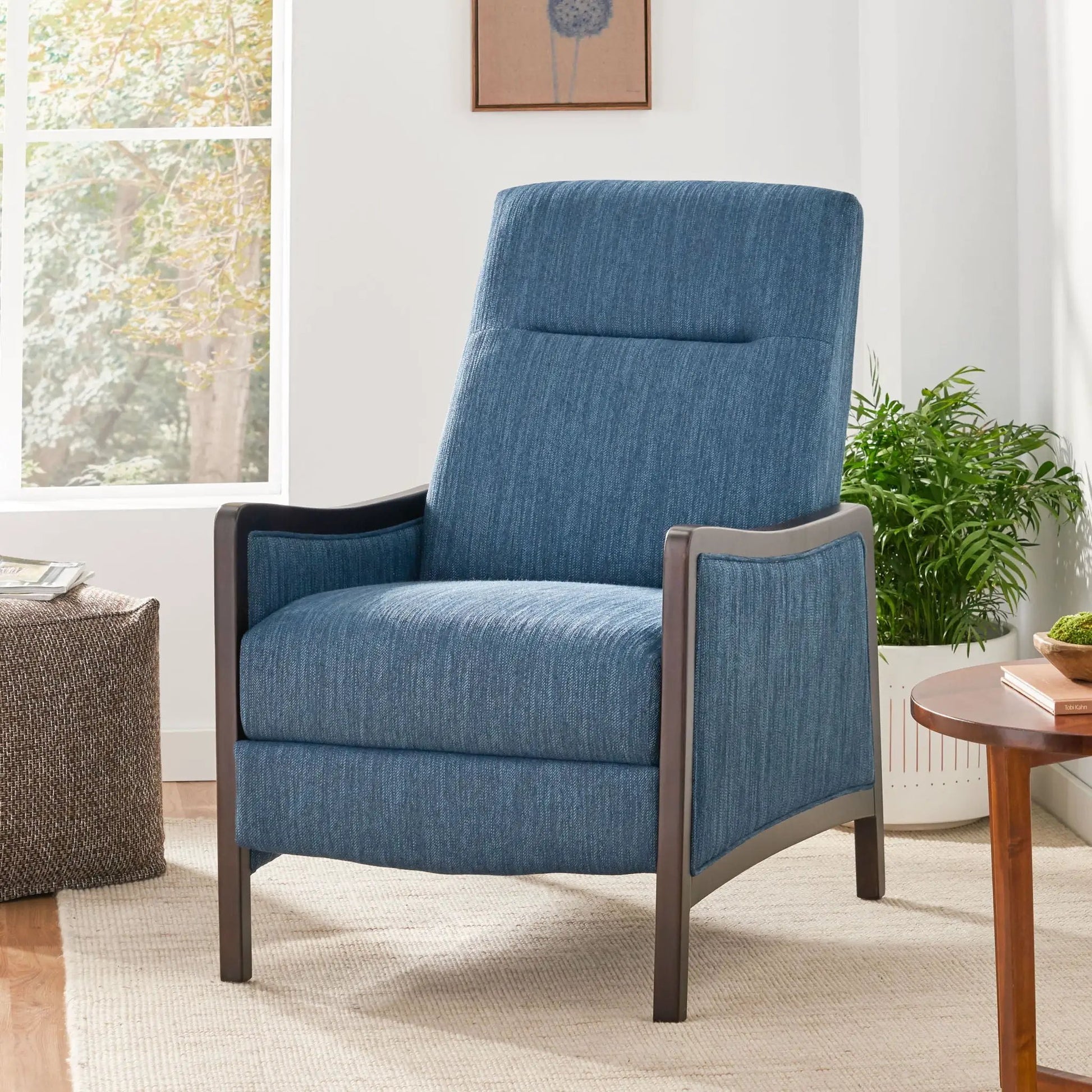 Drury Pushback Recliner in blue textured fabric with dark wood arms by Unique Piece Furniture on Tampa Home & Garden Store