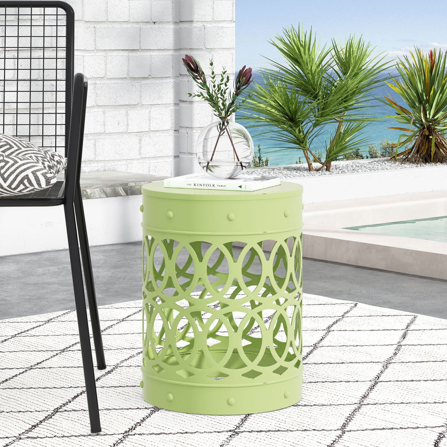 Large Outdoor Metal End Table with Floral Cut