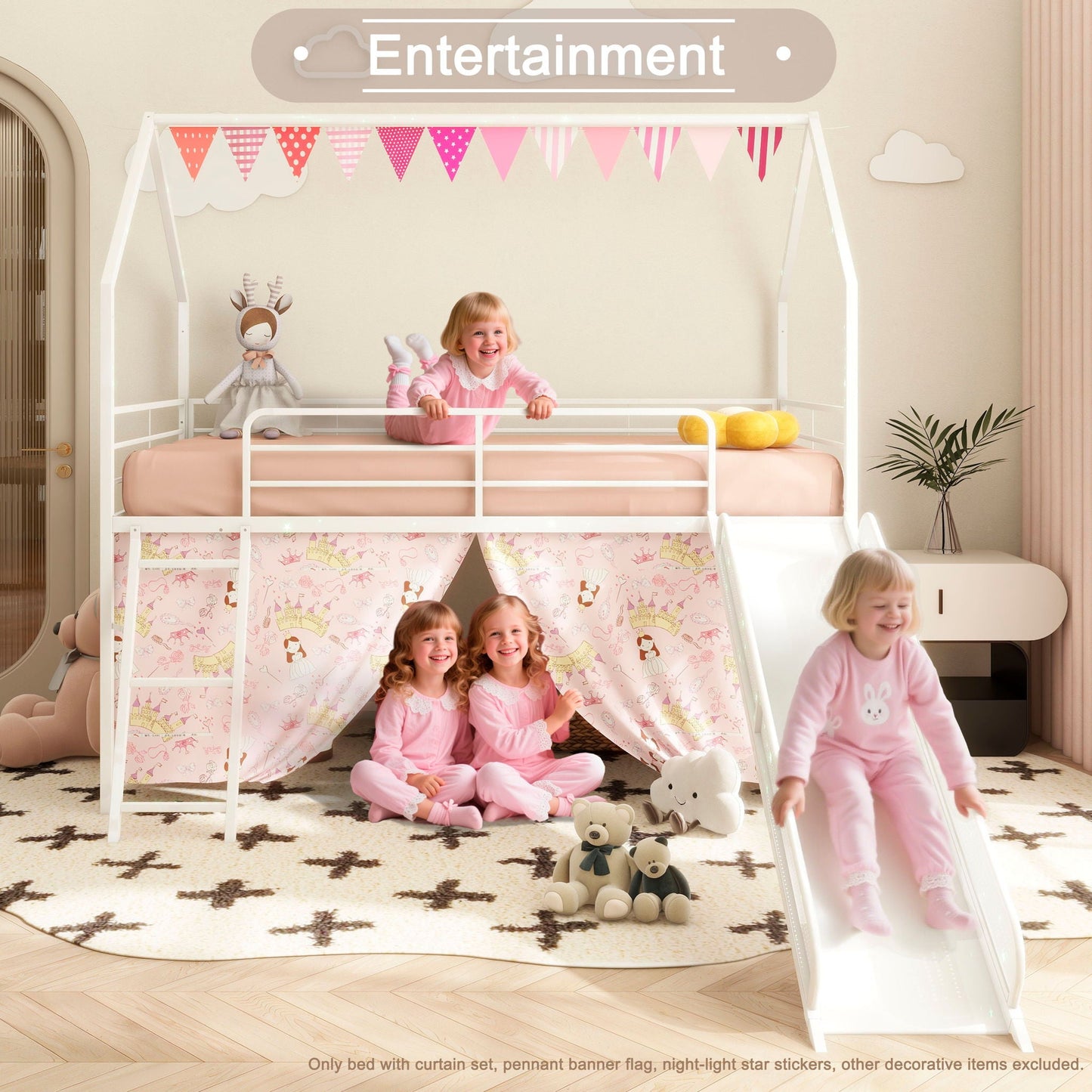 Loft bed with slide in white finish, pink curtain set and bunting banner; four kids play nearby on Tampa Home & Garden Store