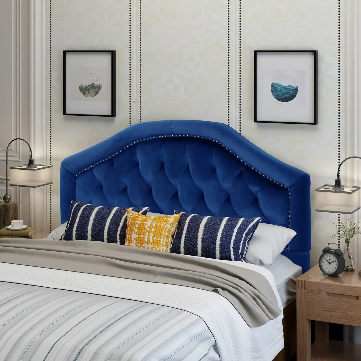 Kaarina Contemporary Tufted Fabric Headboard in blue tufted upholstery with nailhead trim on Tampa Home & Garden Store