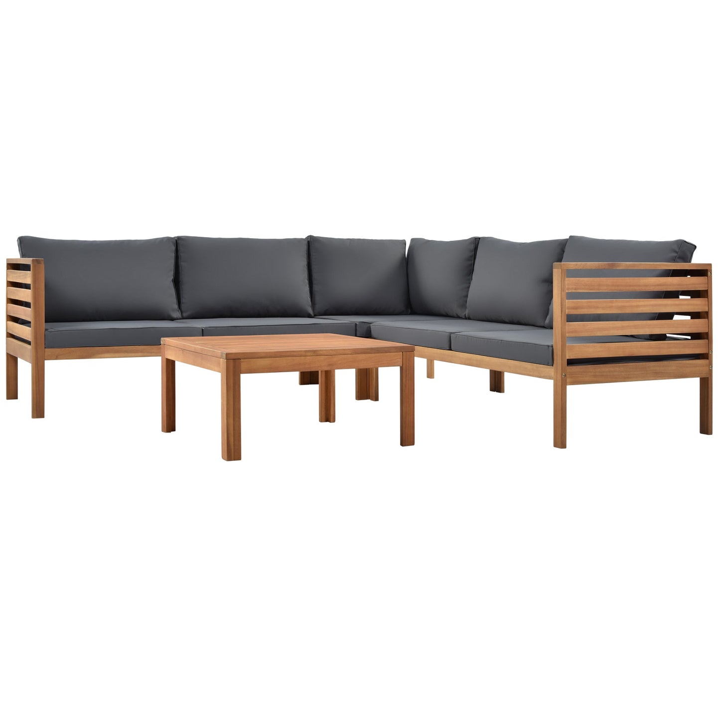 Wood Structure Outdoor Sofa Set with Gray Cushions HouseOfZazla, L-shaped wooden frame and coffee table on Tampa Home & Garden Store