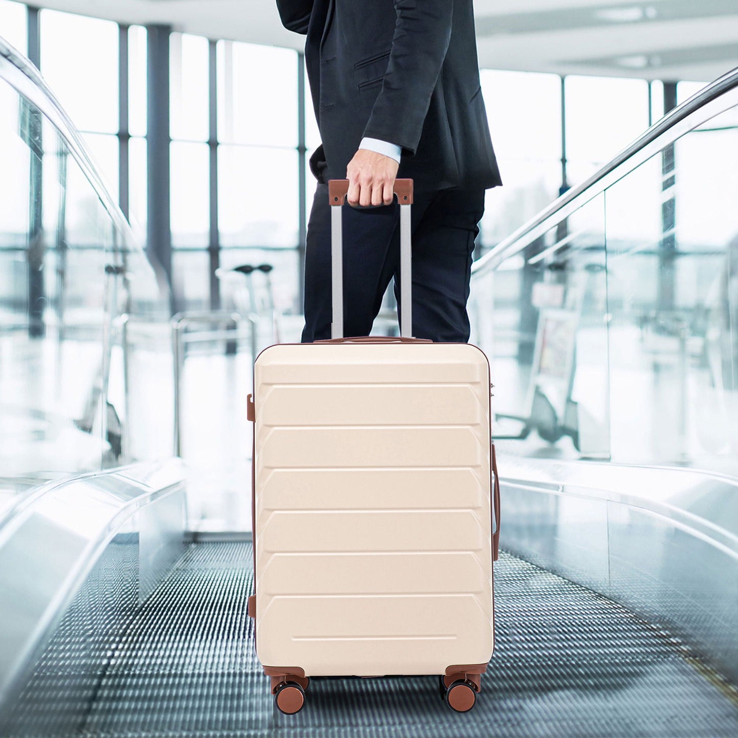 Beige hard-shell spinner suitcase with brown trim on moving walkway on Tampa Home & Garden Store