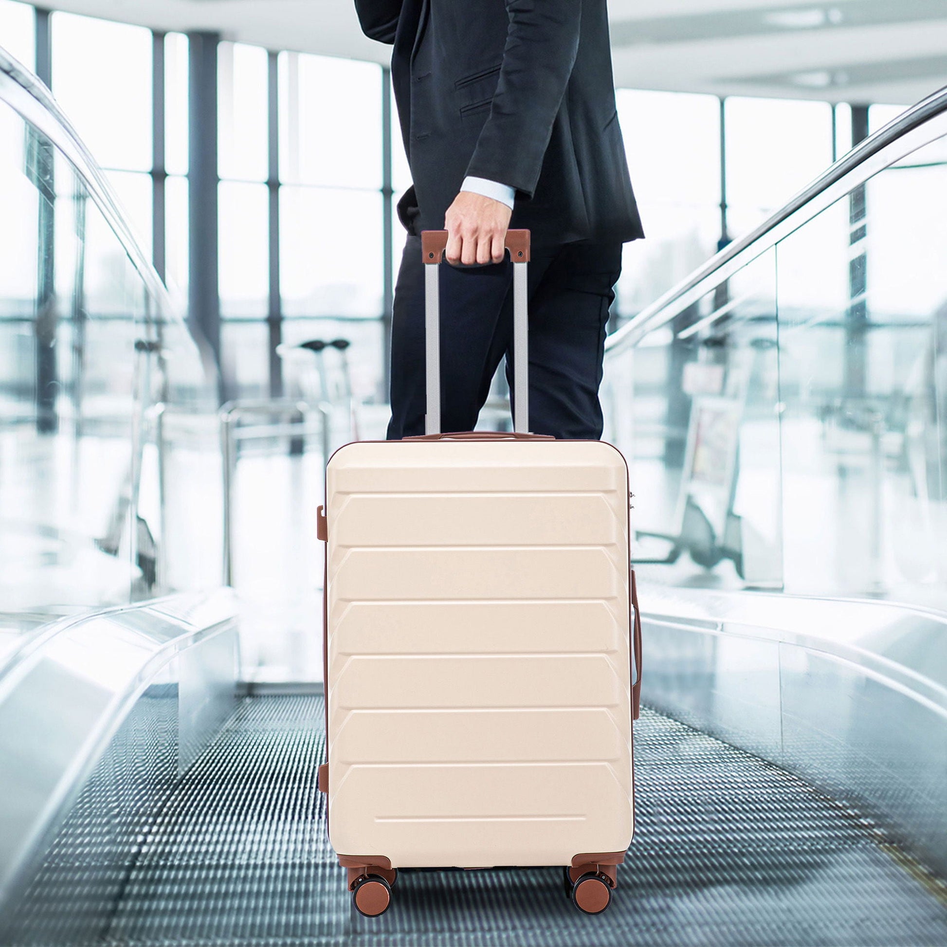 Beige hard-shell spinner suitcase with brown trim on moving walkway on Tampa Home & Garden Store