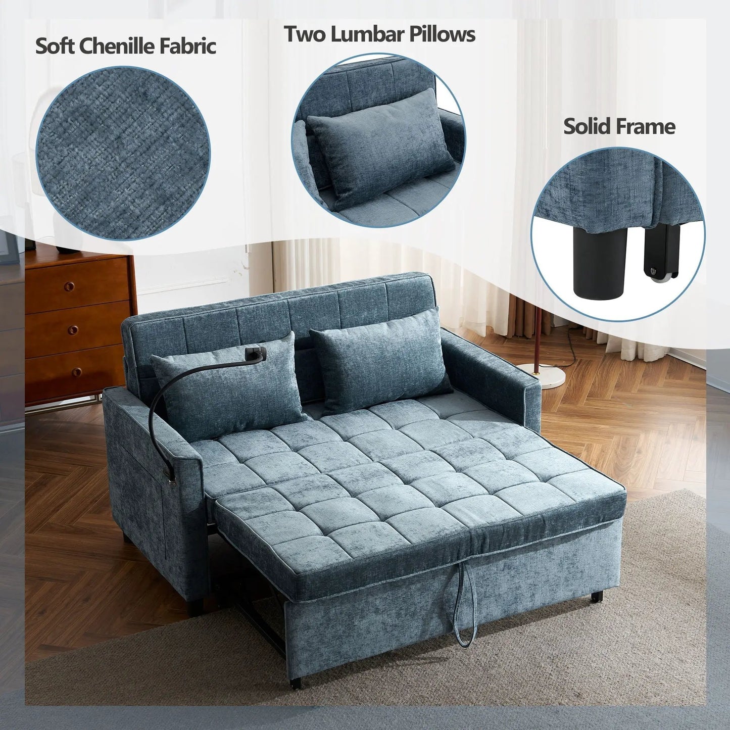 Sleeper loveseat in blue chenille fabric with tufted cushions on Tampa Home & Garden Store