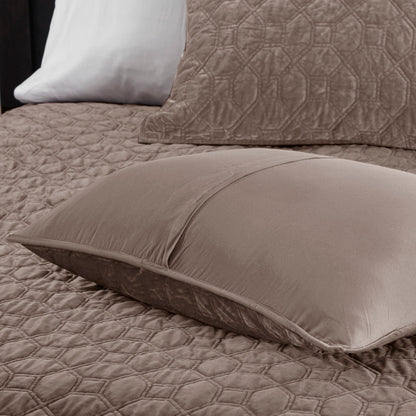 3 Piece Velvet Quilt Set Taupe Full/Queen by HouseOfZazla with quilted geometric pattern on Tampa Home & Garden Store