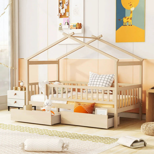 House Bed With 2 Drawers, light wood frame with under-bed drawers on Tampa Home & Garden Store