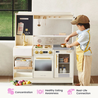 Tiny Land BistroSwitch Play Kitchen toy kitchen with cream finish and gold faucet, child cooking on Tampa Home & Garden Store