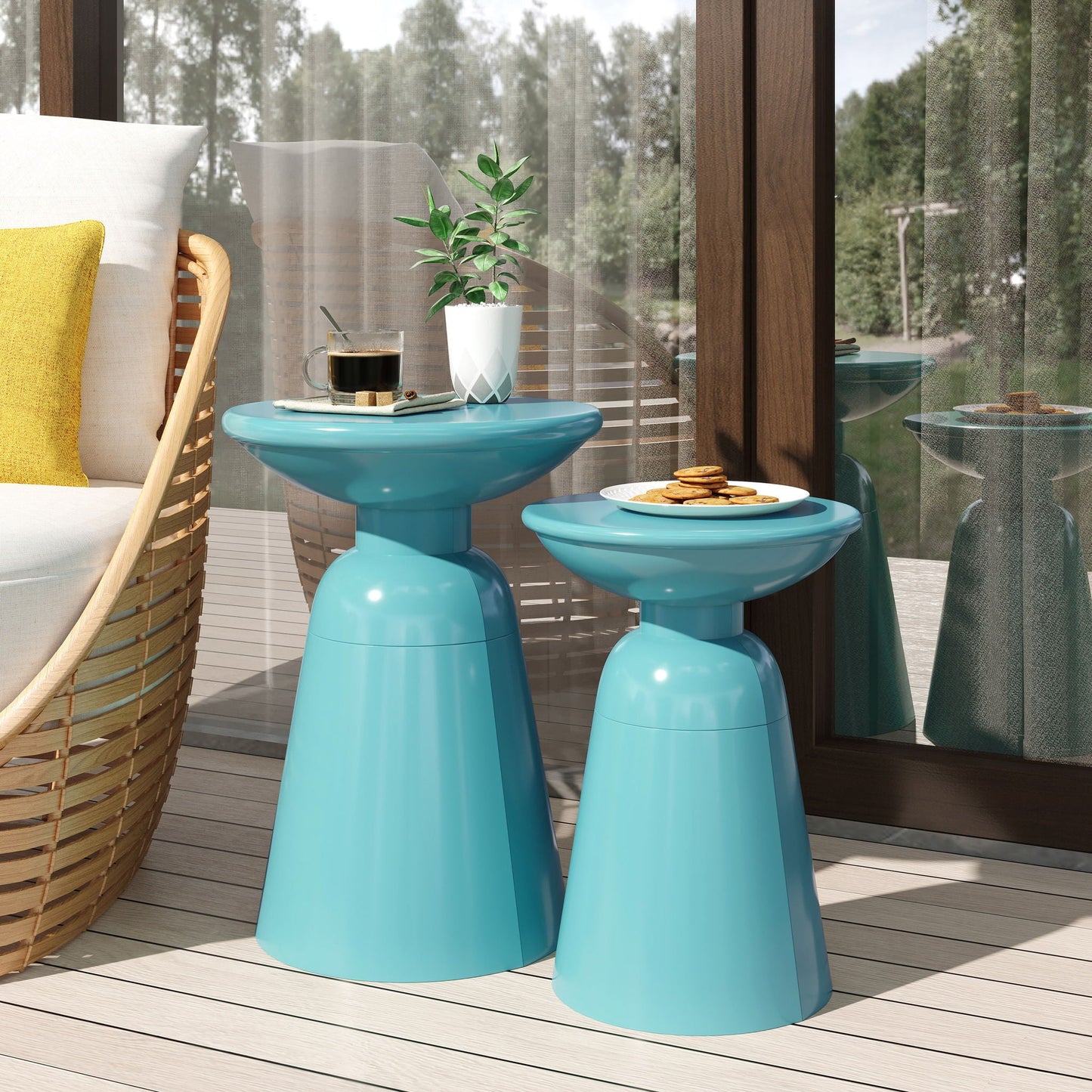 Serenita Outdoor Side Tables Set of 2 in turquoise with flared bases by HouseOfZazla on Tampa Home & Garden Store