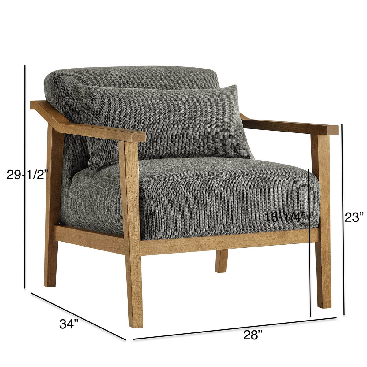 Arm Accent Chair with Lumbar Pillow in gray textured fabric and natural wood frame on Tampa Home & Garden Store