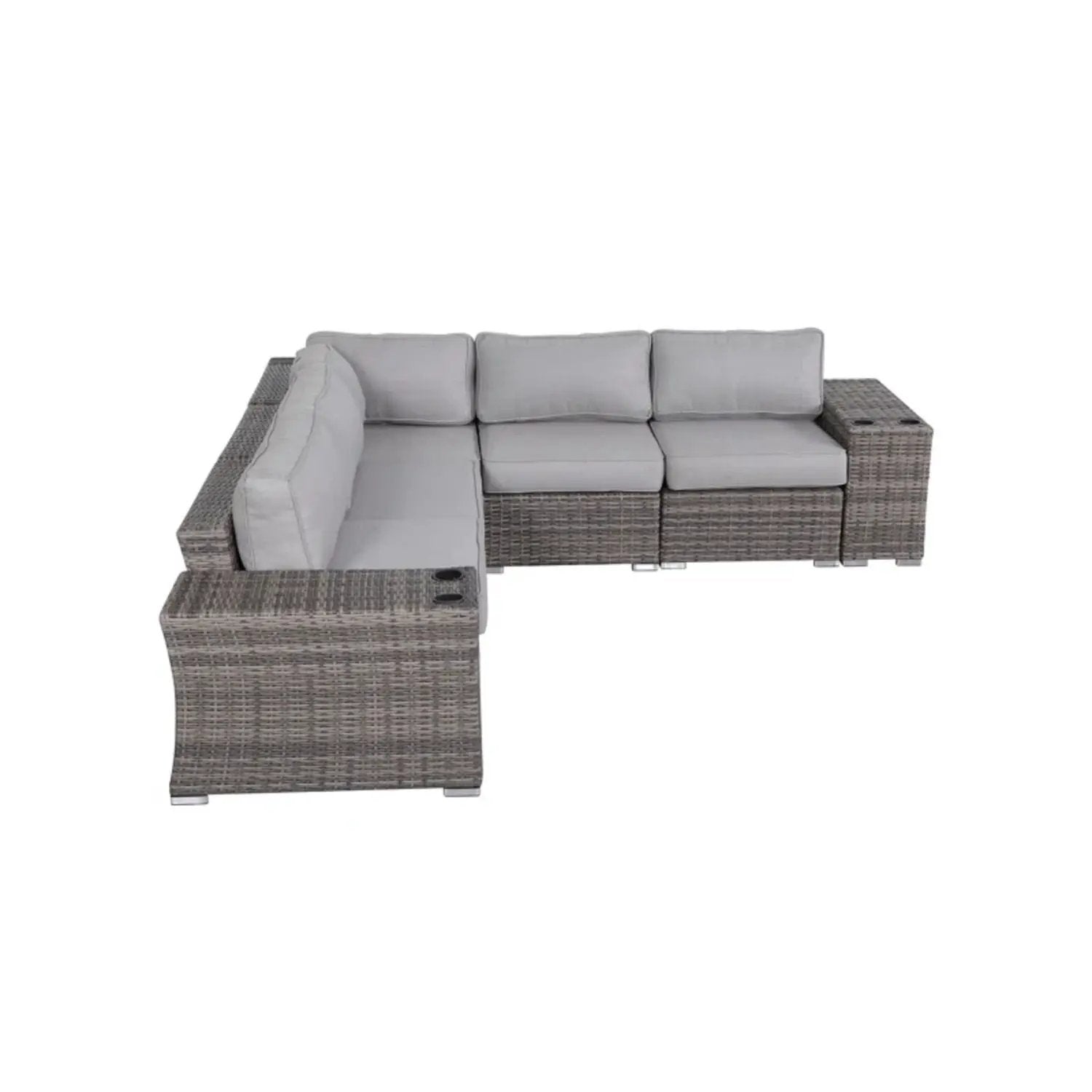 Rattan sectional sofa set with light gray cushions, L-shaped wicker seating, stationary design on Tampa Home & Garden Store