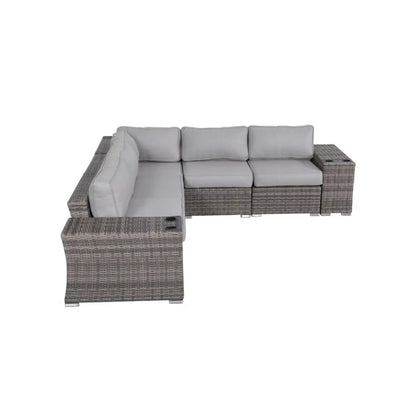 Rattan sectional sofa set with light gray cushions, L-shaped wicker seating, stationary design on Tampa Home & Garden Store