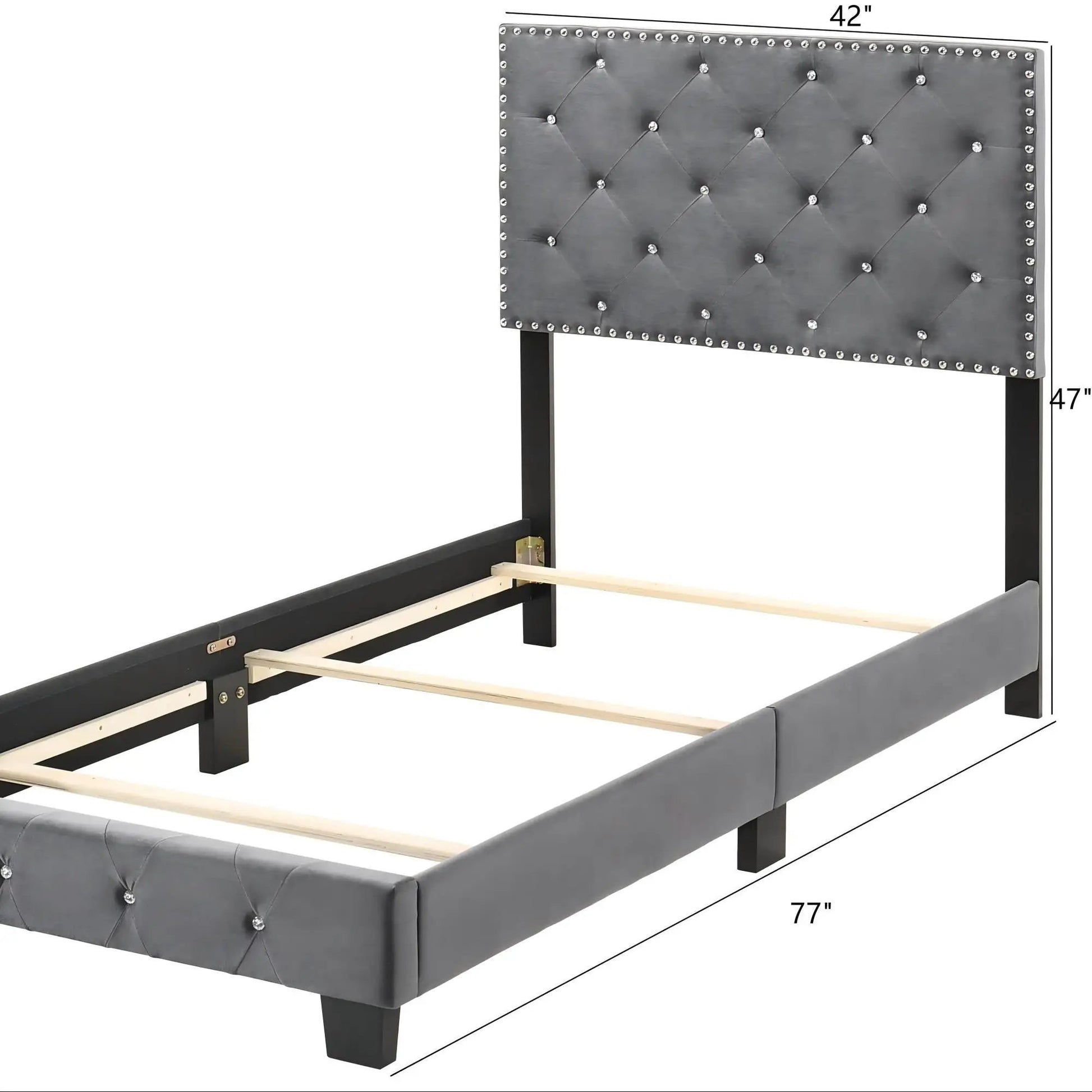 Luxurious Upholstered Bed gray tufted headboard with diamond tufting and crystal trim on Tampa Home & Garden Store