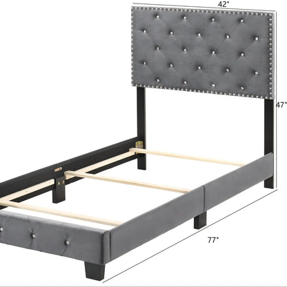 Luxurious Upholstered Bed gray tufted headboard with diamond tufting and crystal trim on Tampa Home & Garden Store