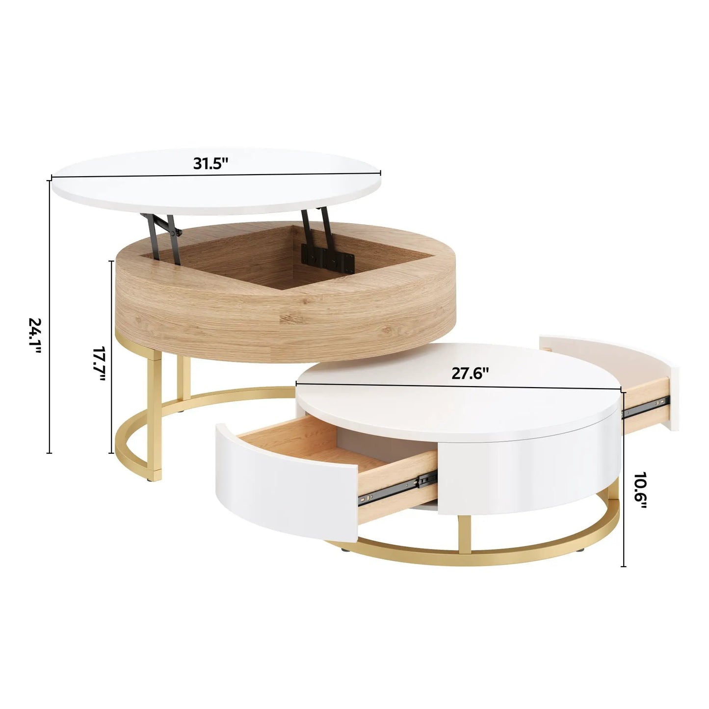 Round Lift-Top Nesting Coffee Tables with Drawers
