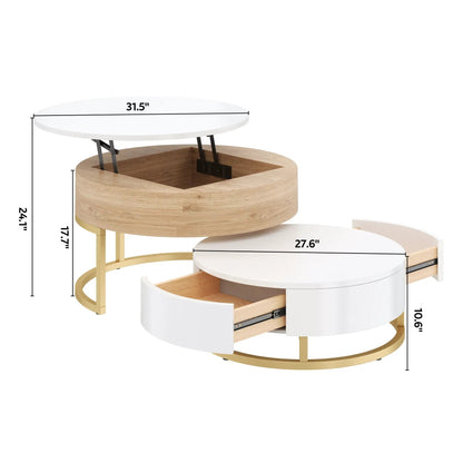 Round Lift-Top Nesting Coffee Tables with Drawers
