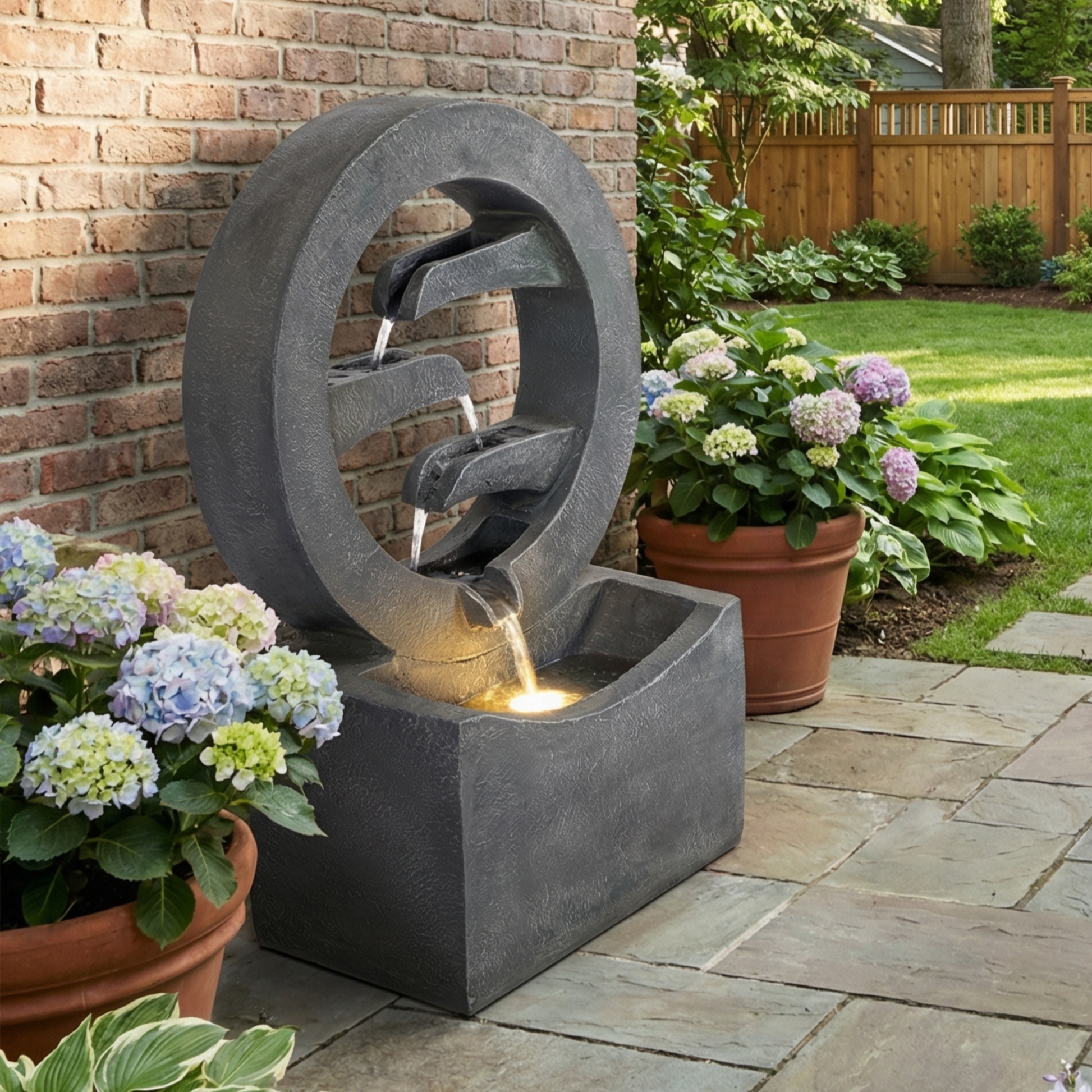 26.77'H gray circular polyresin outdoor water fountain with LED light and water flow on Tampa Home & Garden Store