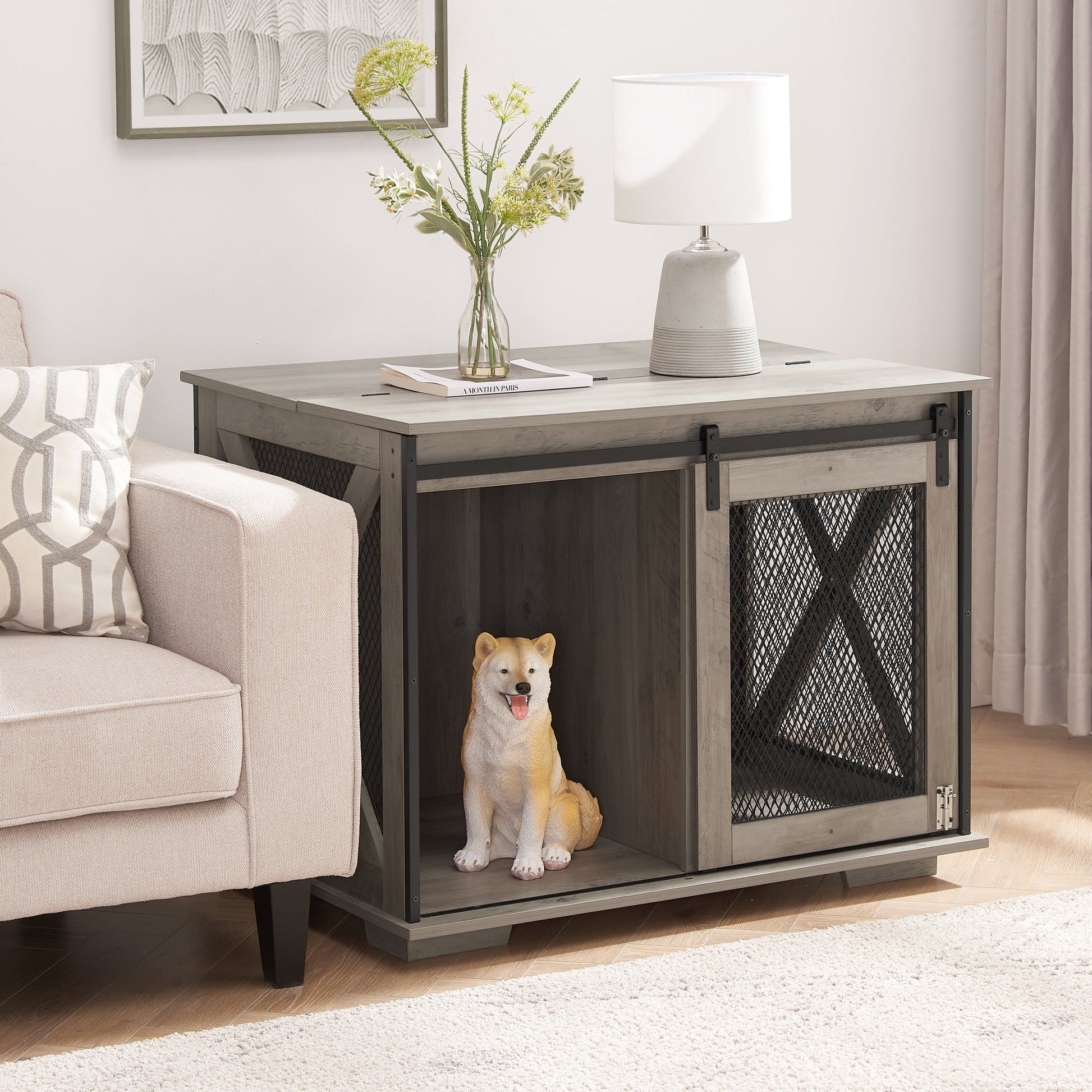 Farmhouse dog crate cabinet with sliding barn door in gray wood and mesh by HouseOfZazla on Tampa Home & Garden Store