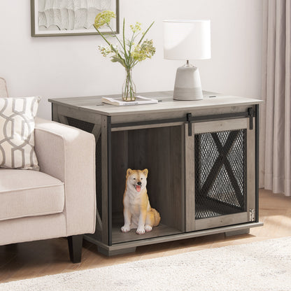 Farmhouse dog crate cabinet with sliding barn door in gray wood and mesh by HouseOfZazla on Tampa Home & Garden Store