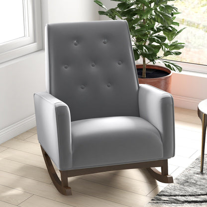 Demetrius solid wood rocking chair gray tufted back with curved wood rockers on Tampa Home & Garden Store