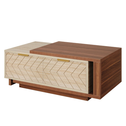 Extendable coffee table with 2 storage drawers, dual-tone walnut and light oak, sliding top on Tampa Home & Garden Store