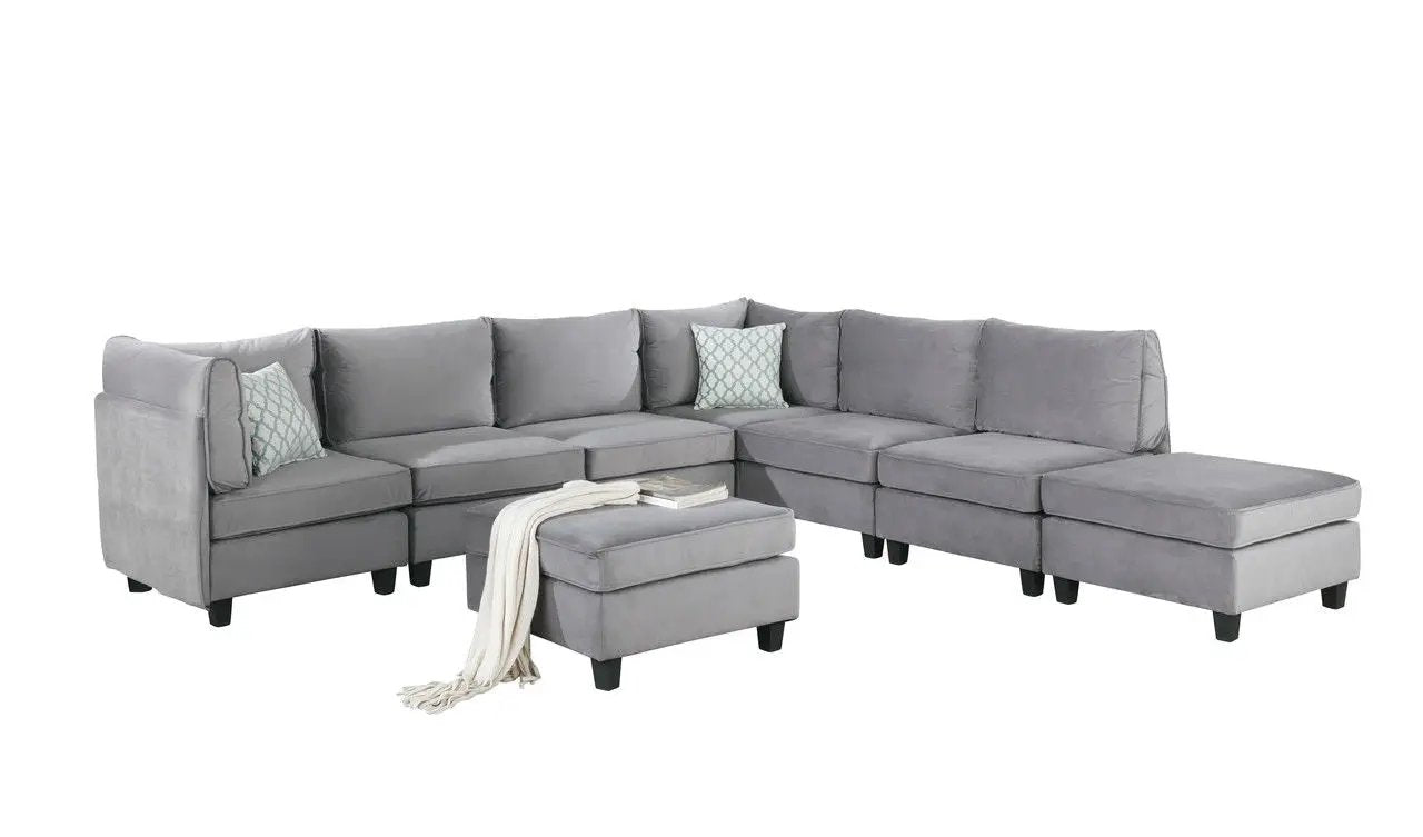 Simona gray fabric modular sectional sofa with chaise and ottoman, decorative cushions on Tampa Home & Garden Store